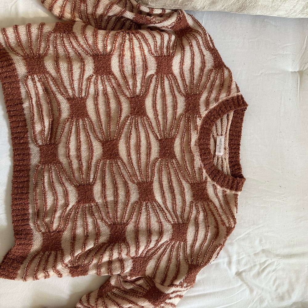 Brown and Cream Crew Neck Sweater with Geometric Pattern